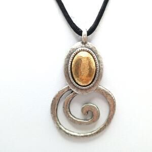 Chico's Gold Silver Pendant Necklace, "Made with Love" Black Satin Cord, 30 Inch